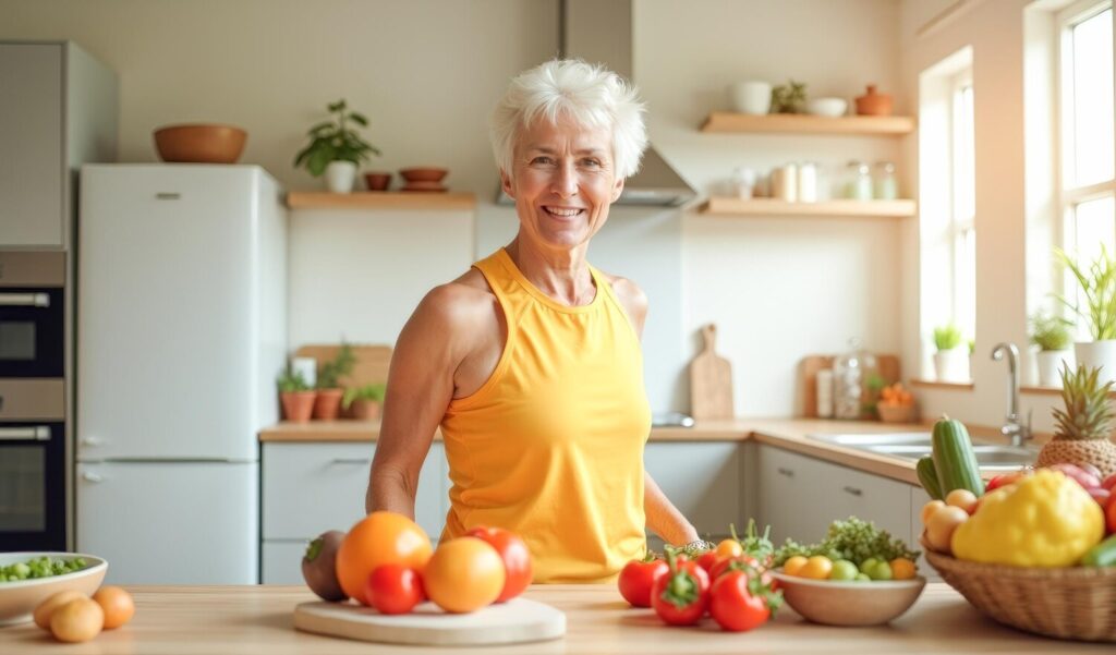 Happy elderly woman kitchen prepares dish vegetables 296704 16213 Happy elderly woman kitchen prepares dish vegetables 296704 16213