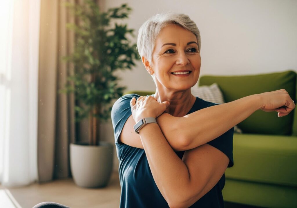 Smiling senior woman stretching wellness home 1146716 4508 Smiling senior woman stretching wellness home 1146716 4508