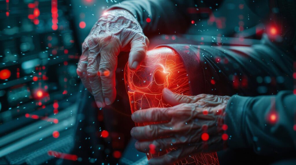 Highquality image elderly person rubbing their knee overlaid with red hologram bone diagram 41097 28949 Highquality image elderly person rubbing their knee overlaid with red hologram bone diagram 41097 28949
