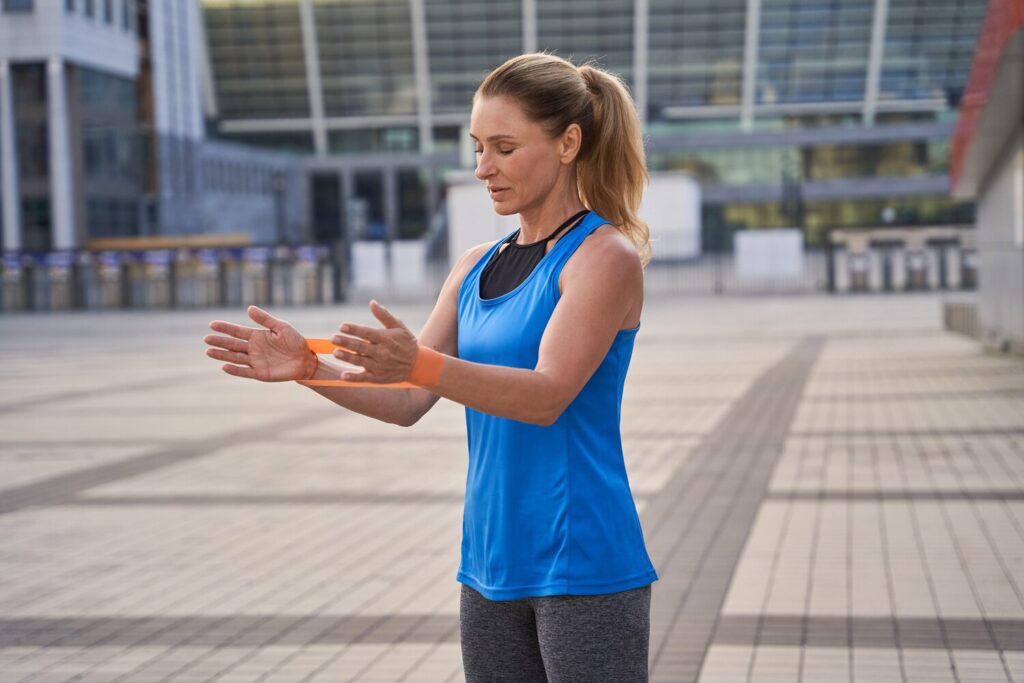 Focused sportive woman sportswear female trainer holding resistance band while standing outdoors 386185 5019 Focused sportive woman sportswear female trainer holding resistance band while standing outdoors 386185 5019